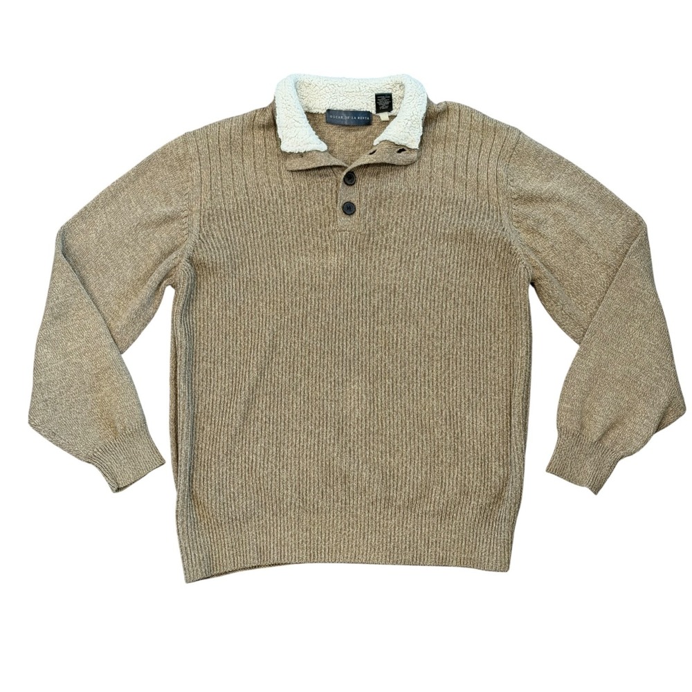 Oscar de la Renta Mens Sherpa Collar Shaker Knit Sweater XL Tan Henley Pullover